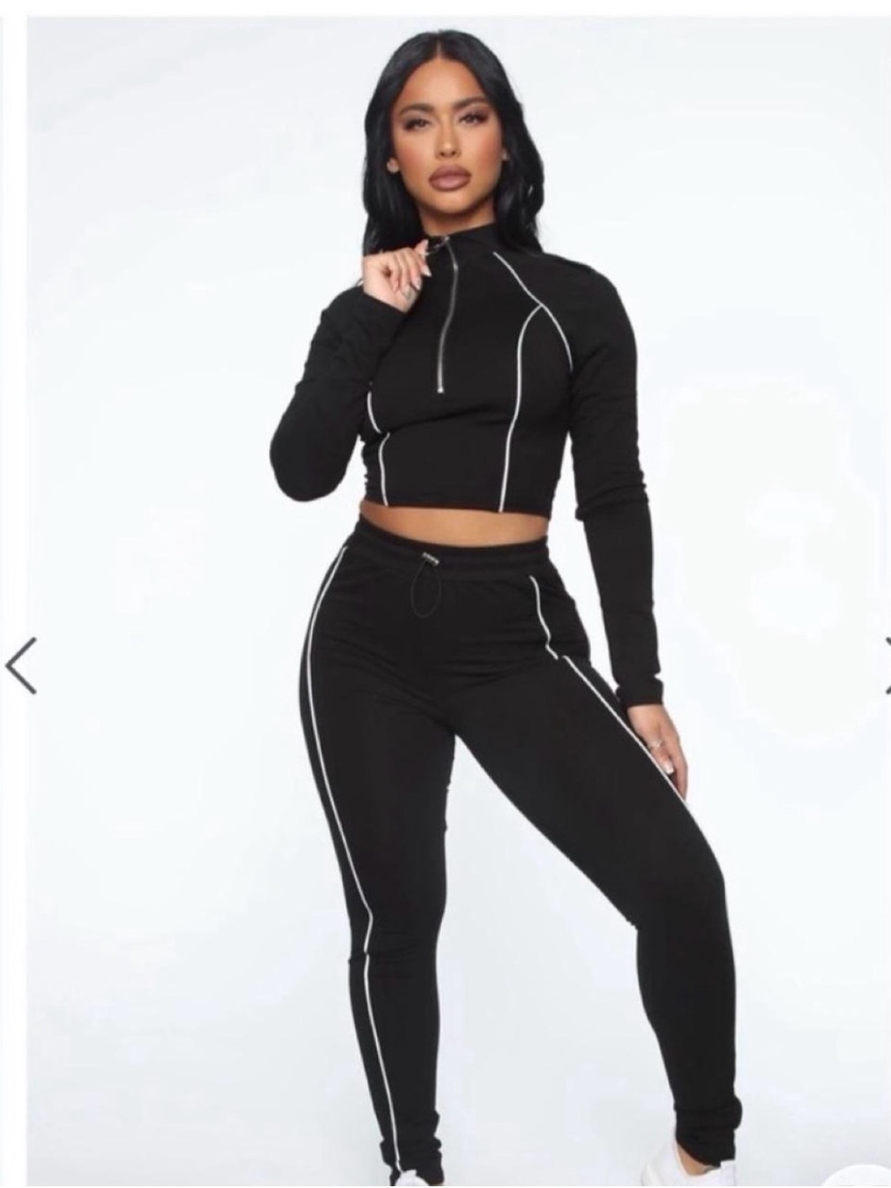 Fashion Nova Black Crop Zip-Front Top & Track Joggers with White Piping